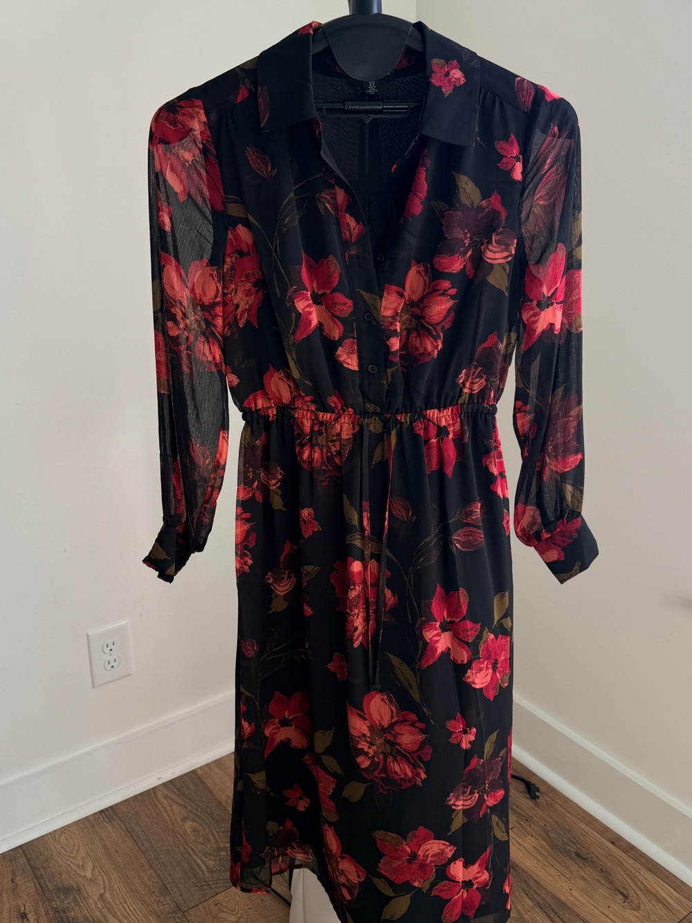 Black Floral Midi Dress with Red Bloom Print